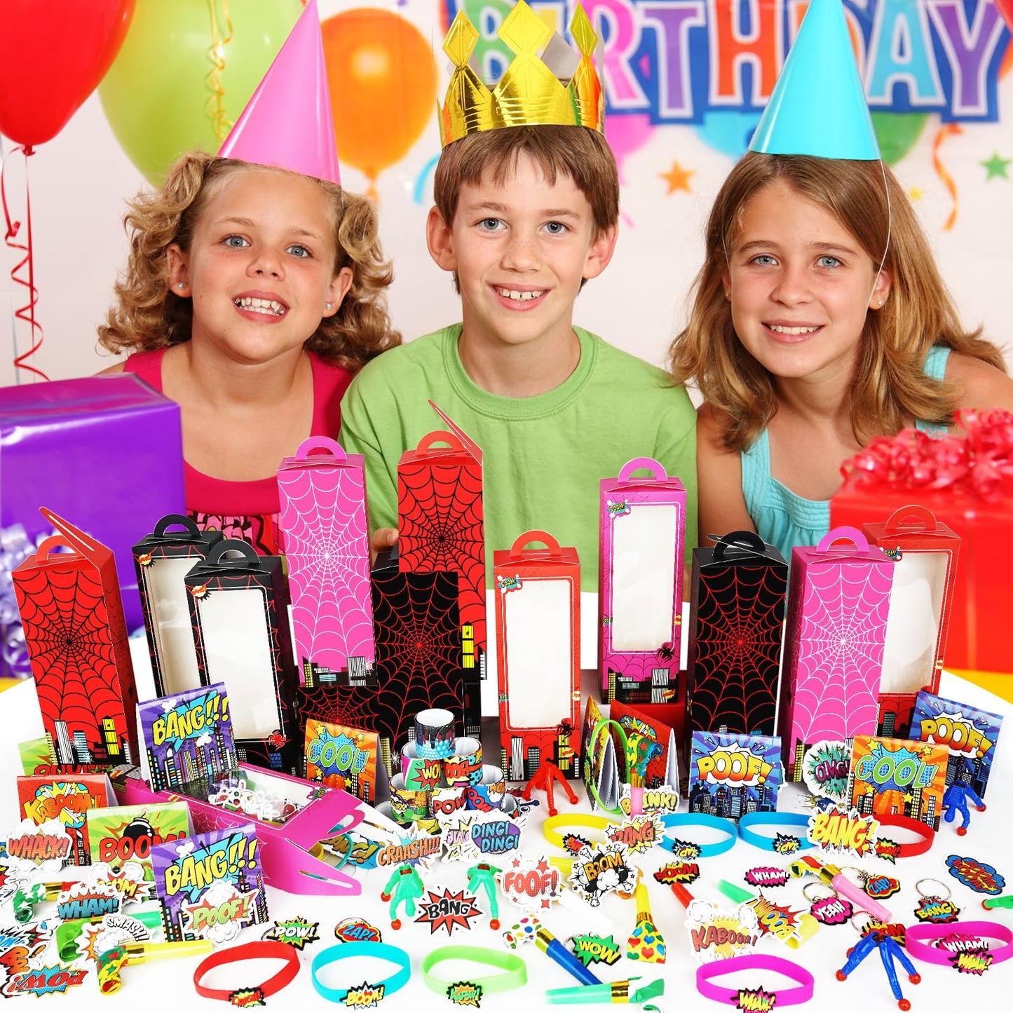 146Pcs Hero Party Favors for Kids, Goodie Box Stuffers Include Mini Notebooks Slap Bracelets Keychain Blowing Dragon Stickers St