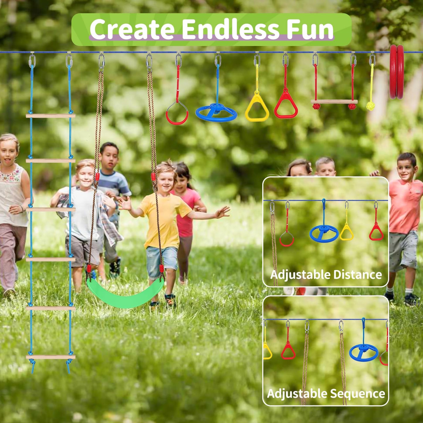 55Ft Ninja Warrior Obstacle Course For Kids With 12 Obstacle Course Accessories-Swings, Monkey Bars, Arm Trainers And More, Suit