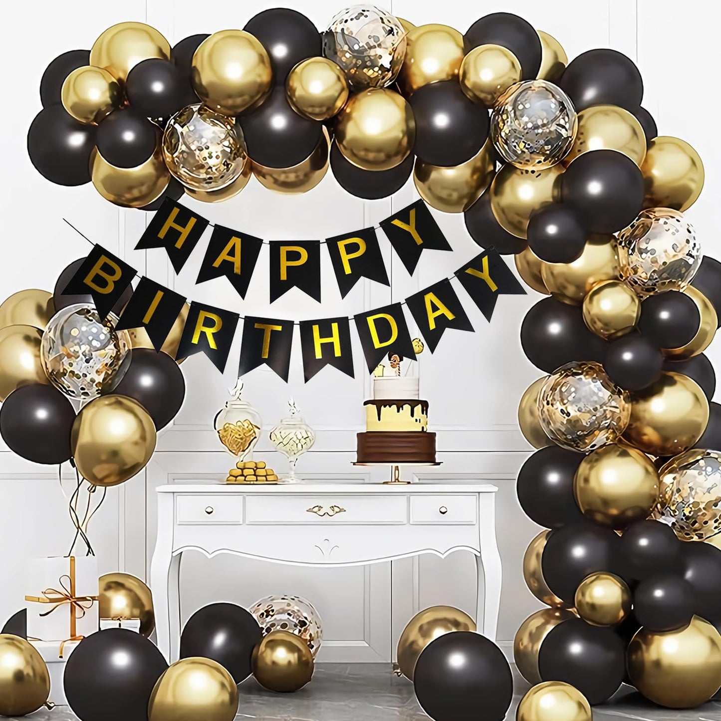 Happy Birthday Banner,Happy Birthday Decorations Black And Gold Birthday Flag Bunting For Birthday Party Backdrop Decor,Happy Bi