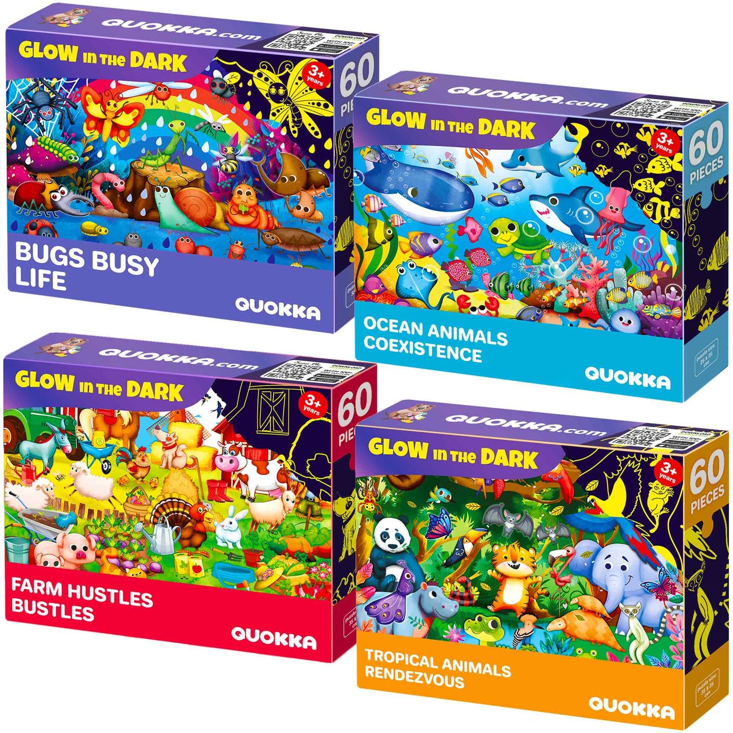 Quokka 4X60 Piece Puzzles For Kids Ages 4-6 – Glow-In-The-Dark Puzzles For Kids 4-8 I Farm Bugs Tropical & Ocean Animals I Fun Educational Toddler Puzzles For Boys & Girls – Educational Game Toys Gift