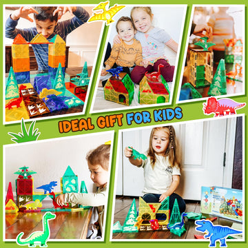Dinosaur Toys Magnetic Tiles - Magnet Building Blocks For Toddler Kids Toys Stem Sensory Outdoor Toys For 3+ Year Old Boys And G