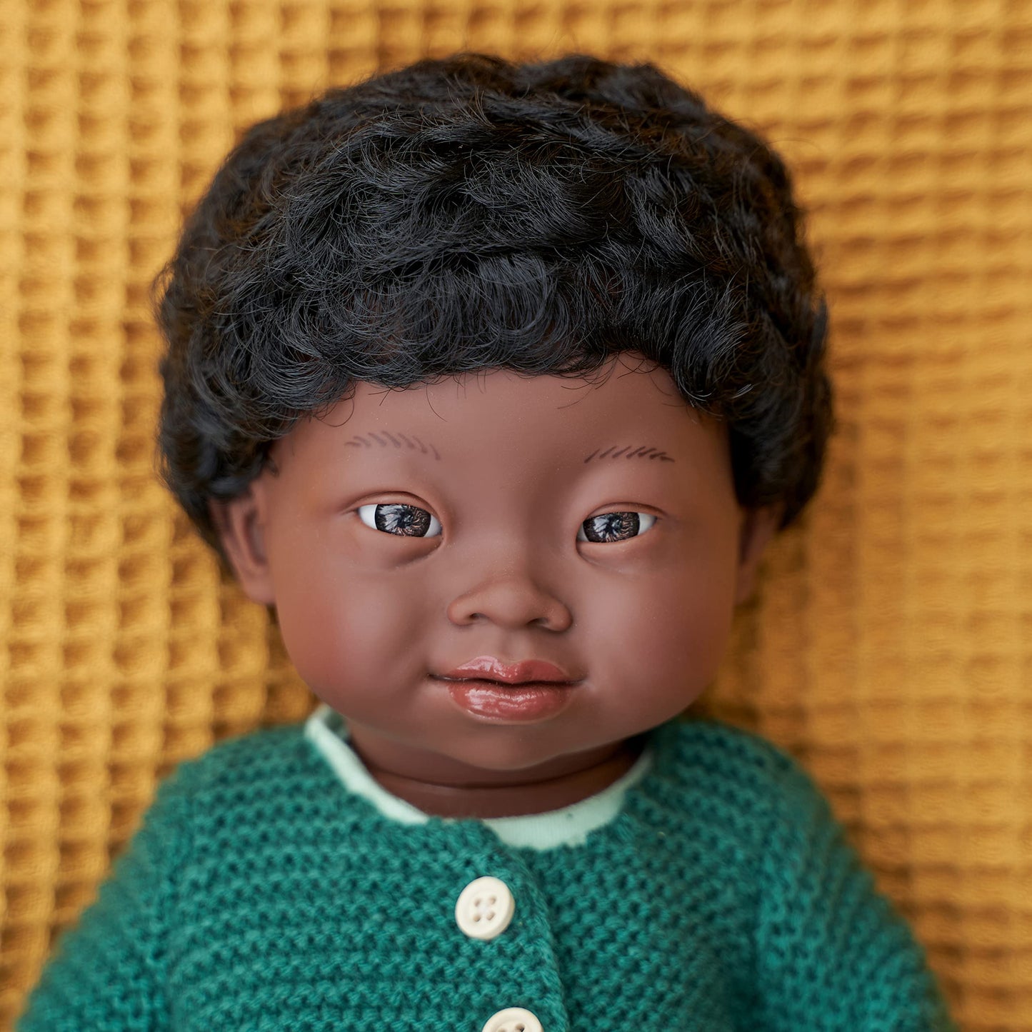Miniland Baby Doll African Boy with Down Syndrome, 15" Vinyl, Black, Model SHORT 31175