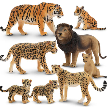 Toymany 8PCS Plastic Jungle Animals Playset - Realistic Lion, Tiger, Cheetah, Black Panther - PVC Figurines for Kids, Birthday Cake Toppers