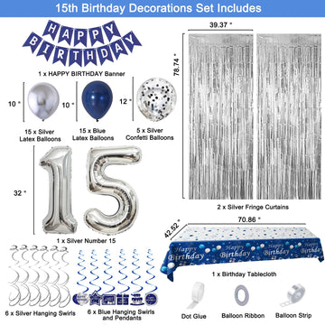15Th Birthday Decorations For Boys And Girls Blue Silver, Happy 15Th Birthday Decorations Banner Birthday Balloons Number 15 Tab