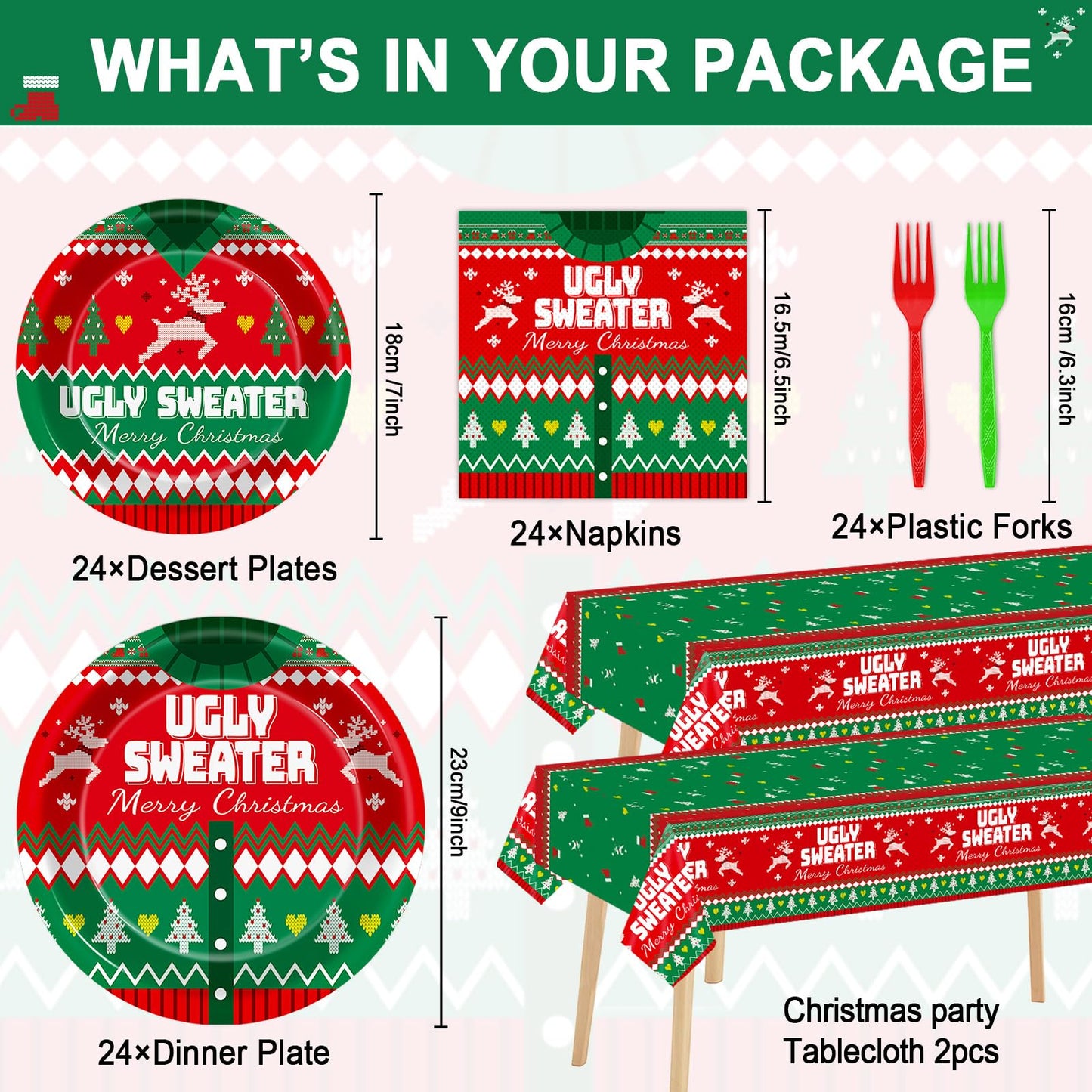 98 Pcs Christmas Ugly Sweater Party Supplies Tacky Sweater Party Plates Tablecloth Xmas Party Decorations For Christmas Holiday