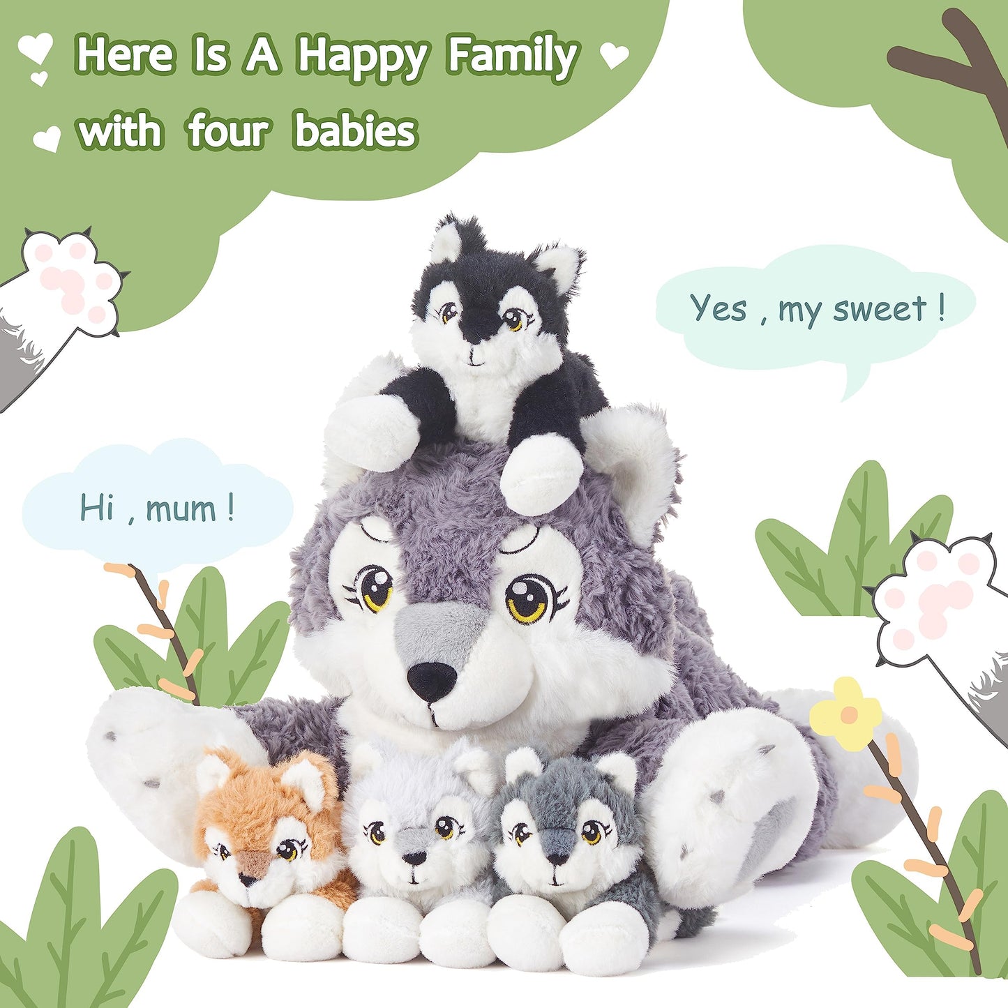IKASA Mommy Wolf Stuffed Animal Set, 18" Soft Plush Toy, Gray Polyester, Includes Mom & Mini Baby Wolves