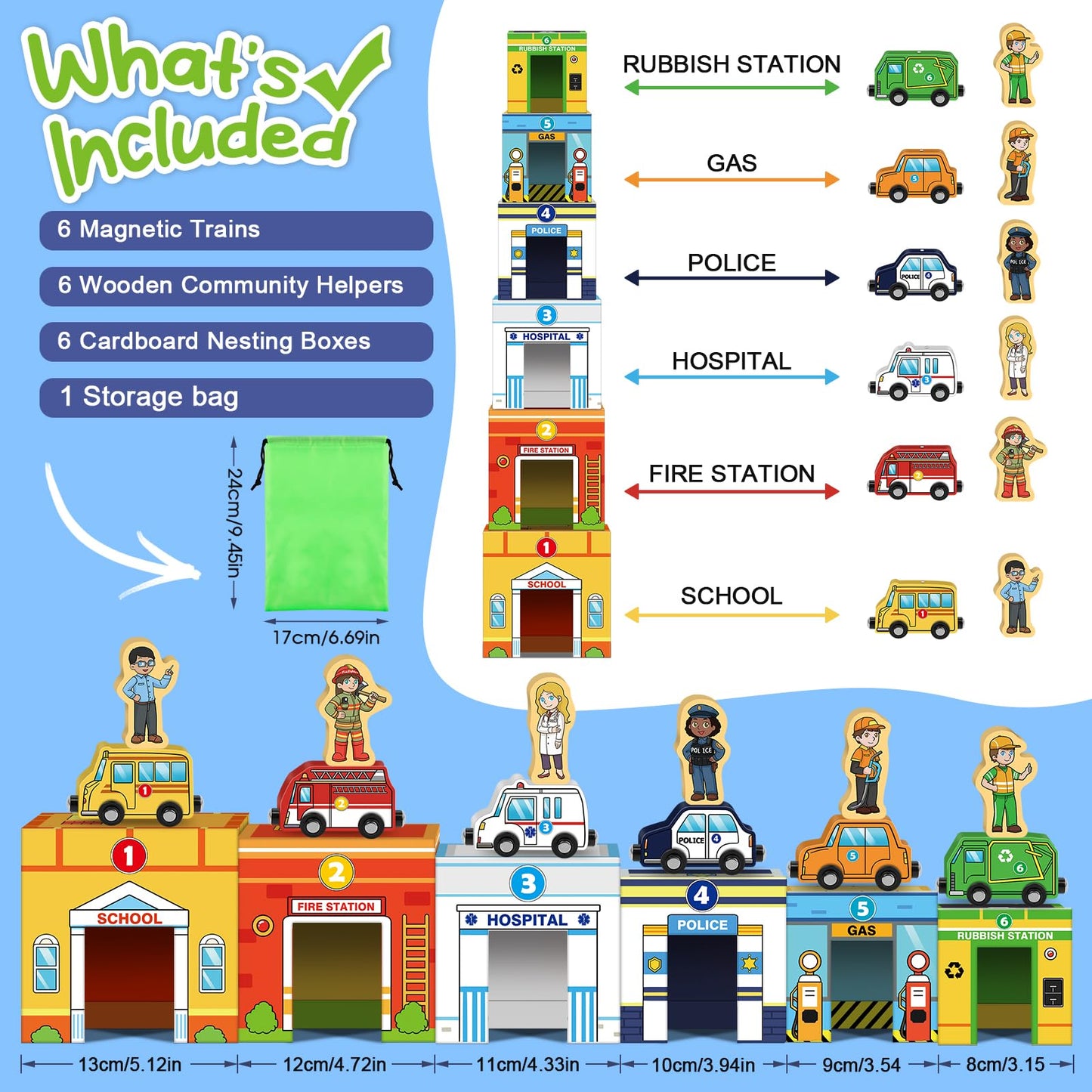 Aizweb Magnetic Wooden Vehicle Stacking Set,Sorting & Building STEM Blocks Cars Toys for Toddlers,Cardboard Educational Preschoo