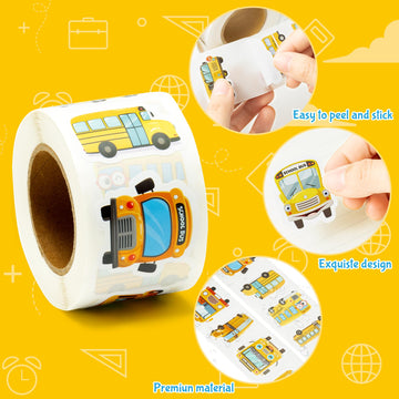 Beyumi School Bus Roll Stickers - 1000Pcs School Bus Stickers In 2 Rolls Back To School Waterproof Vinyl Cartoon Transportation Decals For Laptop Bottle Notebook Luggage Computer Classroom Decor Kids