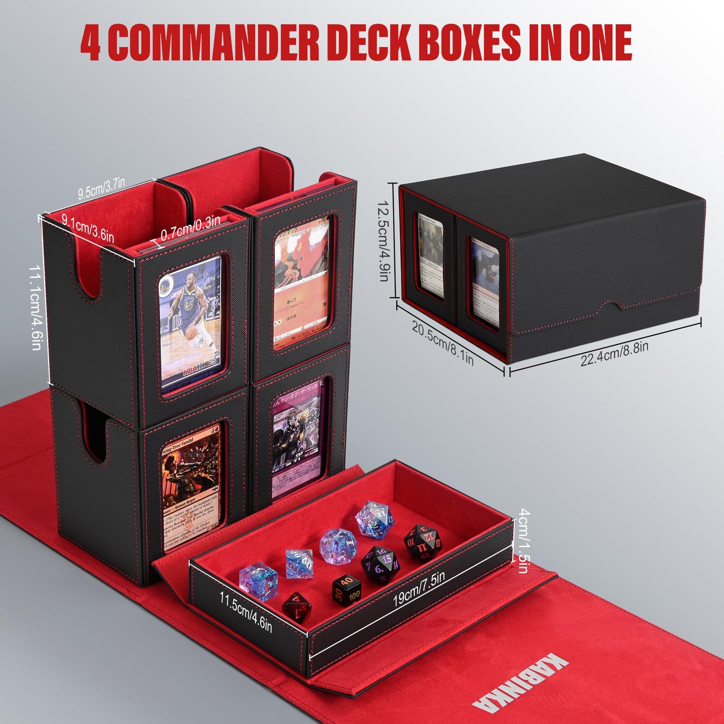 MTG Deck Box with Commander Display -protected designed Design  5 in 1 Trading Card Storage Box Fit 400 Double-sleeved Cards  Card Deck Case for TCG/Sports Cards with 4 Magnetic Card Holders (Black&Red)