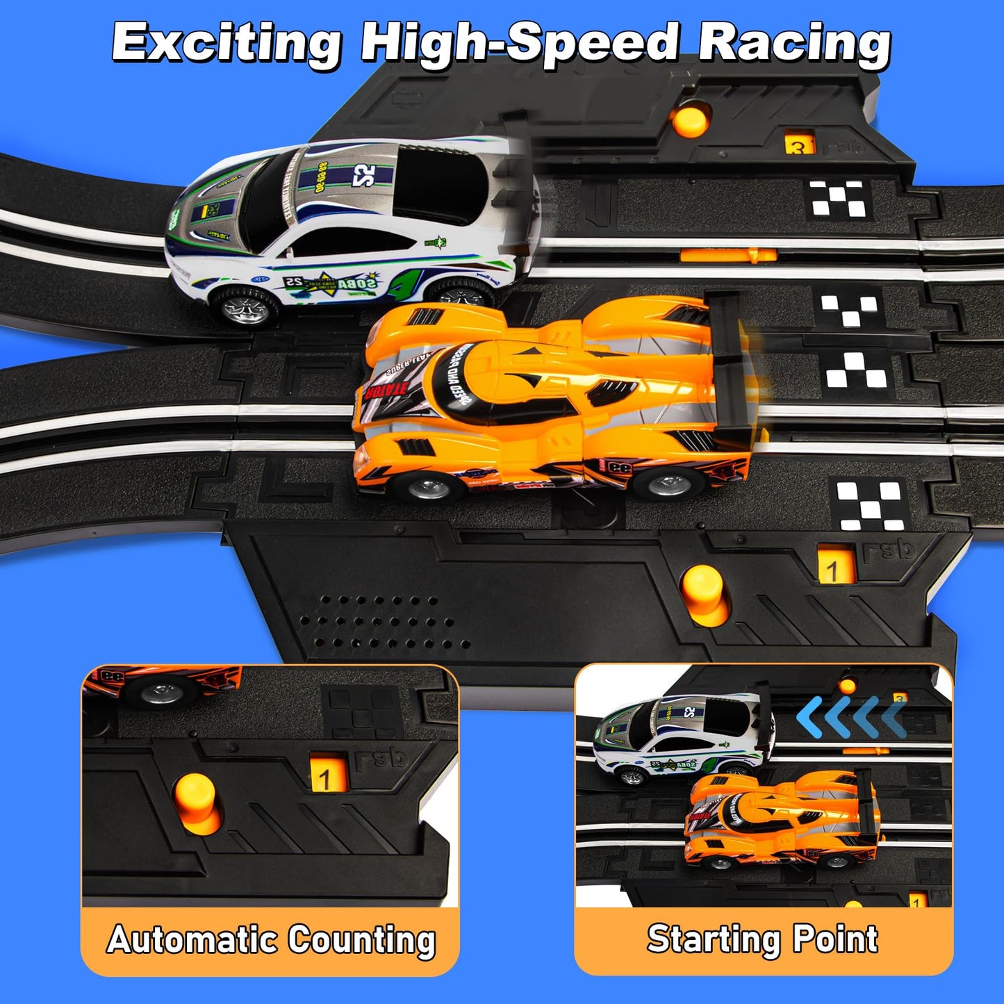 Electric Slot Car Race Track Sets - Race Car Track Sets With 4 High-Speed Slot Cars 1:43 With Headlights, 2 Hand Controllers, Du