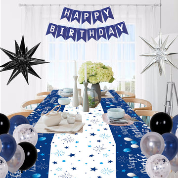 Black And Blue Birthday Decorations For Men Boys Women Girls, 75 Pcs Blue And Silver Party Decorations Happy Birthday Backdrop Banner Blue Black Silver Confetti Star Balloons Arch Tablecloth