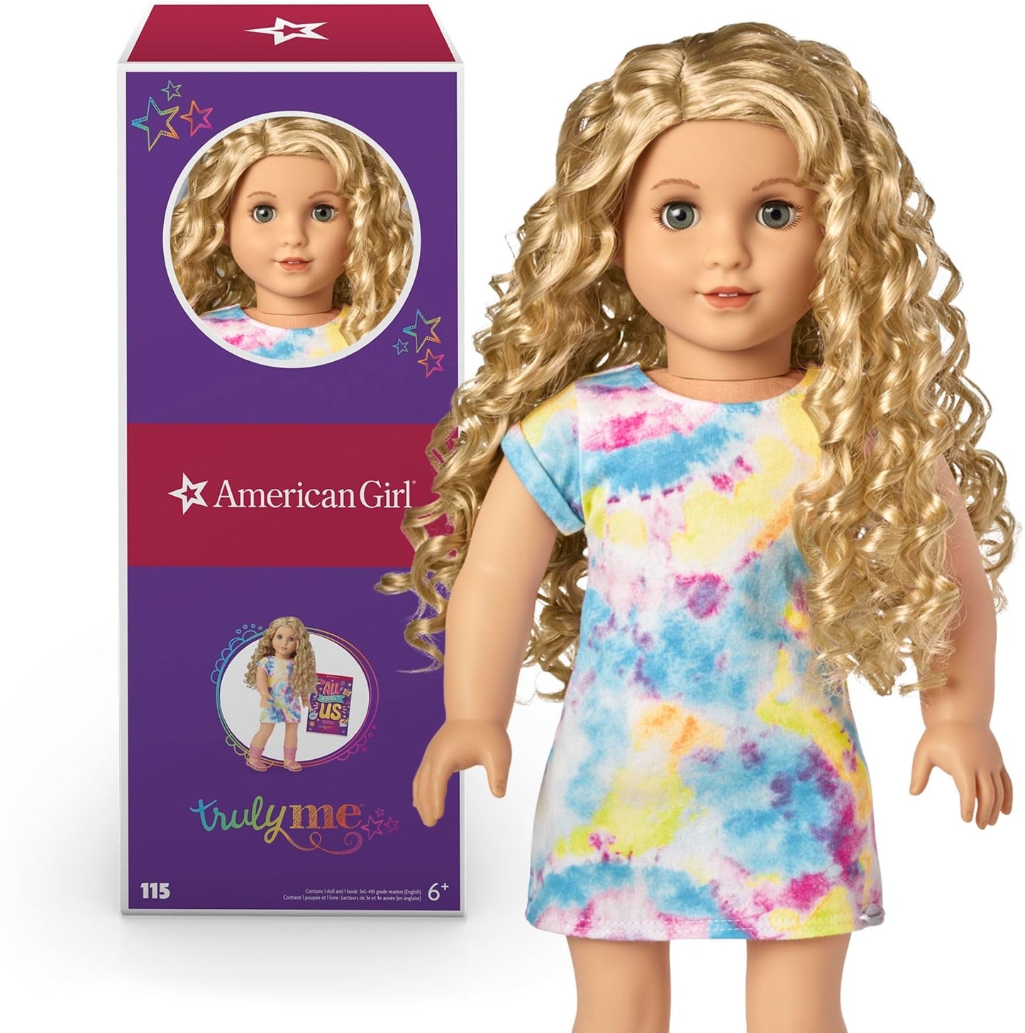 American Girl Truly Me 18-Inch Doll #115 With Gray Eyes, Curly Blonde Hair, Light Skin, Tie Dye T-Shirt Dress, For Ages 6+