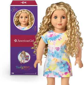 American Girl Truly Me 18-Inch Doll #115 With Gray Eyes, Curly Blonde Hair, Light Skin, Tie Dye T-Shirt Dress, For Ages 6+