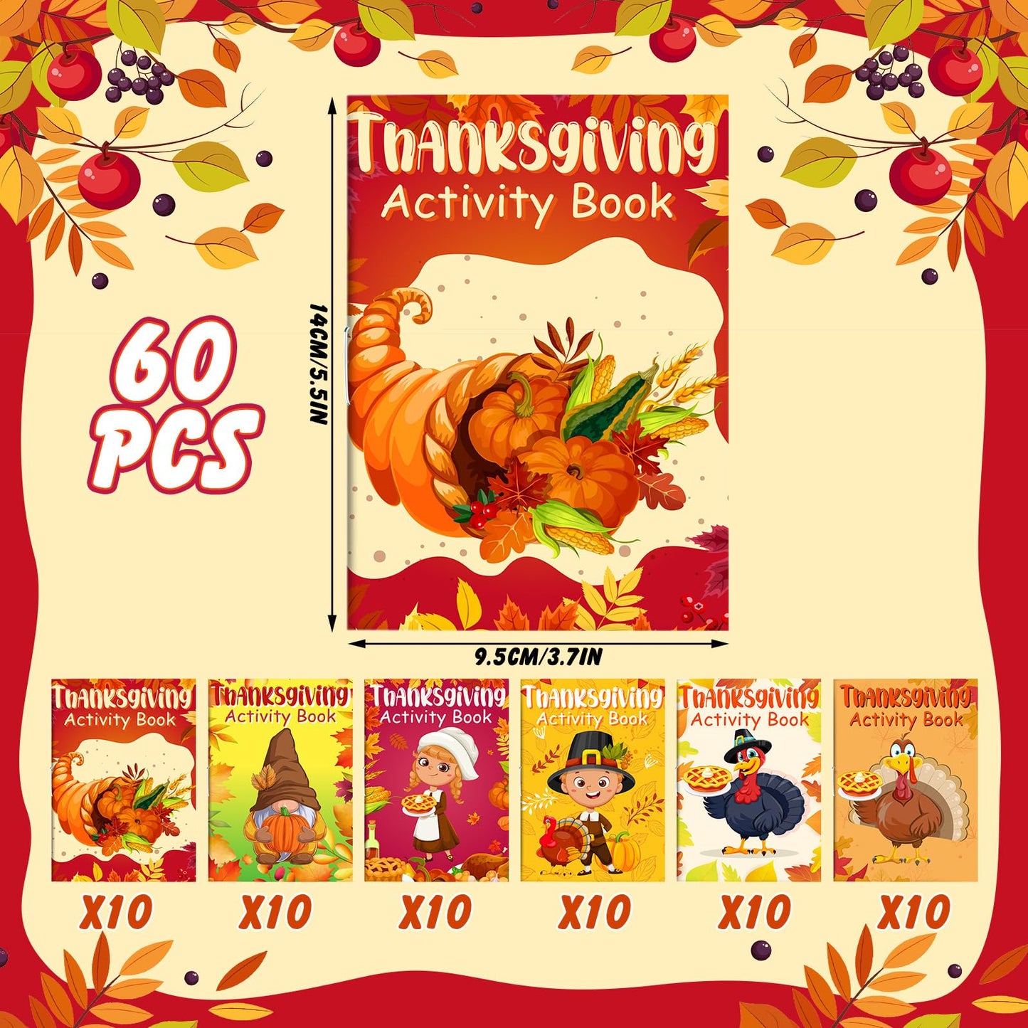 Maitys 60 Pcs Thanksgiving Activity Books Mini Challenging Activities Fun and Games Include Mazes, Word Search, Word Scramble, a
