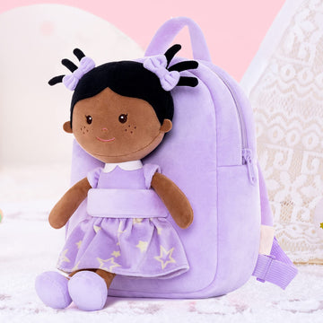 Onetoo Toddler Kids Backpack With Soft Tanned Baby Dolls In Purple Star Dress 9.5''
