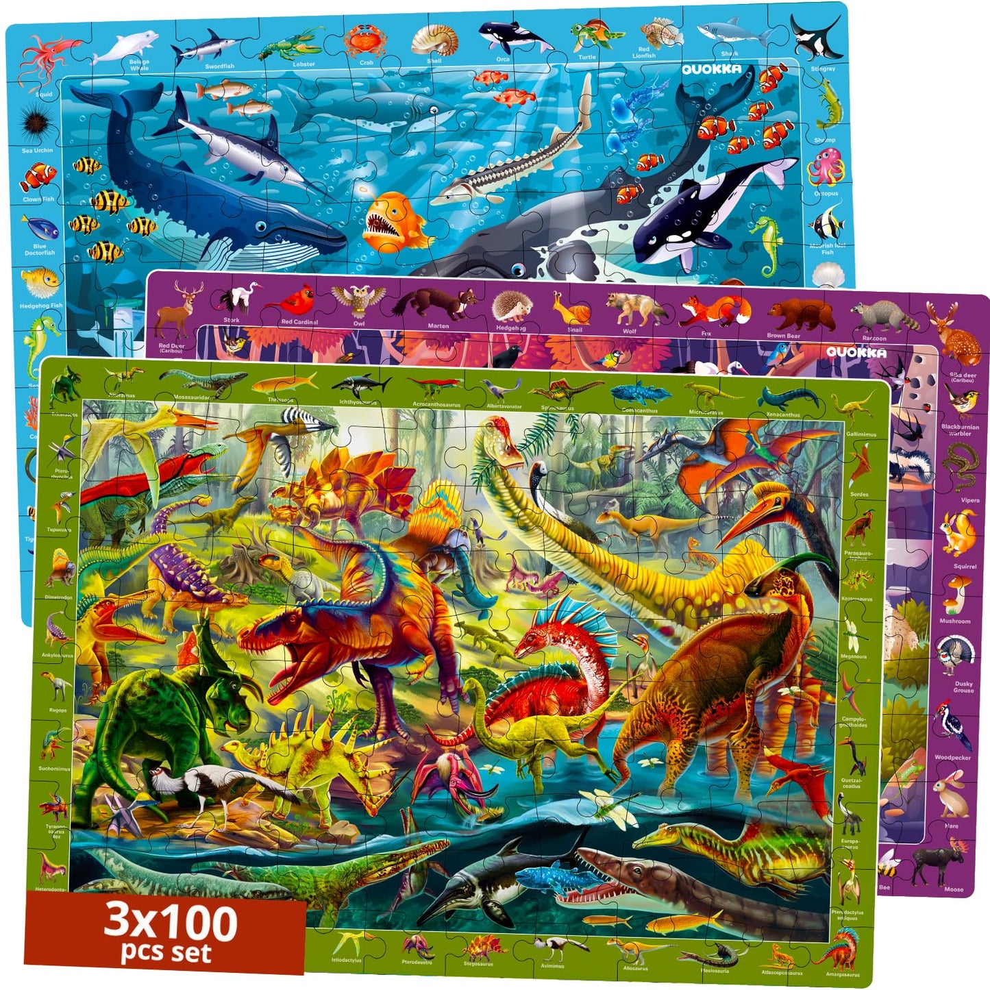 Quokka 100 Pieces Floor Puzzles For Kids Ages 4-6 – 3 Jigsaw Kids Puzzles Ages 6-8 – Search & Find Learning Game For Toddlers 3-5 Ocean Wild Animals & Dinosaurs - Gift Games For Children 8-10