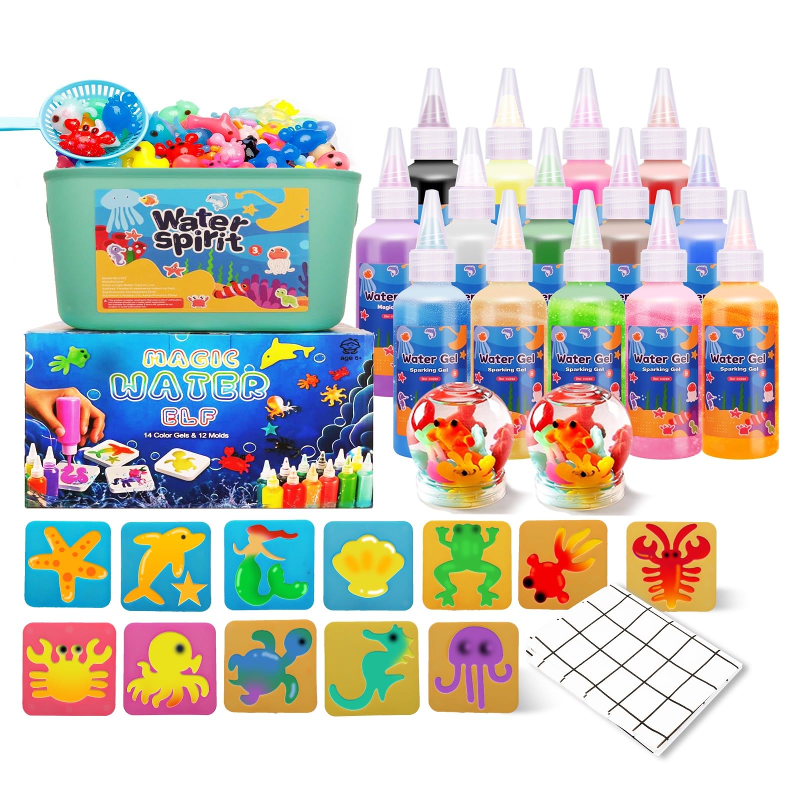 Magic Water Elf Toy Kit with Tablecloth - Aqua Fairy Water Gel Kit for Kids 14 Magic Gels + 12 Molds Create Squishy Water Pets C