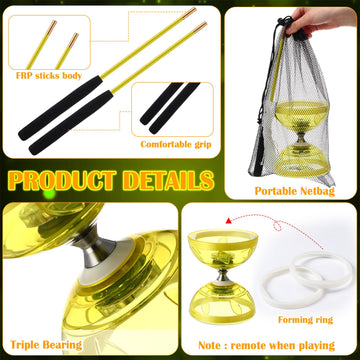 Simgoing Chinese Yoyo Diabolo Set Includes Colorful Led Diabolo Toy Light Up With 2 Pieces Sticks, 1 Piece String, 1 Net Bag For Fun(Yellow)