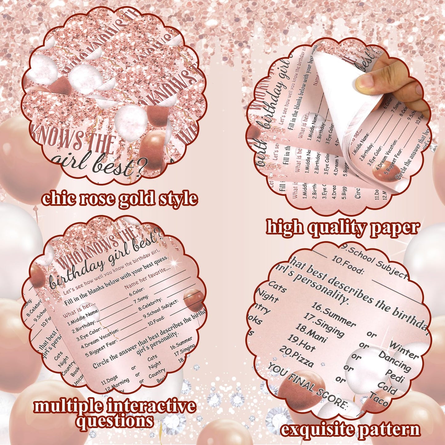 ZOIIWA Birthday Game Cards Set - 50 Pcs Pink Sprinkles with 10 Pre Pointed Pencils for Teen Girls Sleepover Party