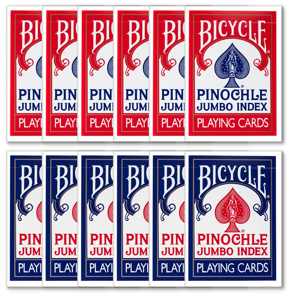 Bicycle Deluxe 1 Dozen Pinochle Poker Playing Cards - 6 Blue & 6 Red Decks! (Jumbo)