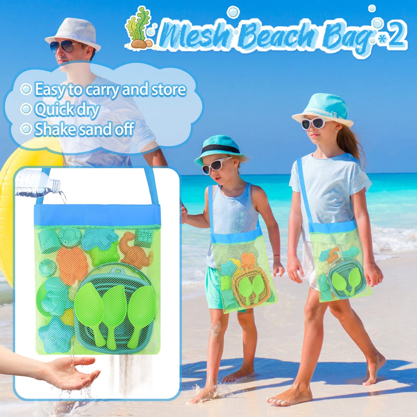 RACPNEL Collapsible Beach Buckets & Beach Toys for Kids, Foldable Sand Bucket and Shovels Set with Mesh Bag & Sand Molds, Silico