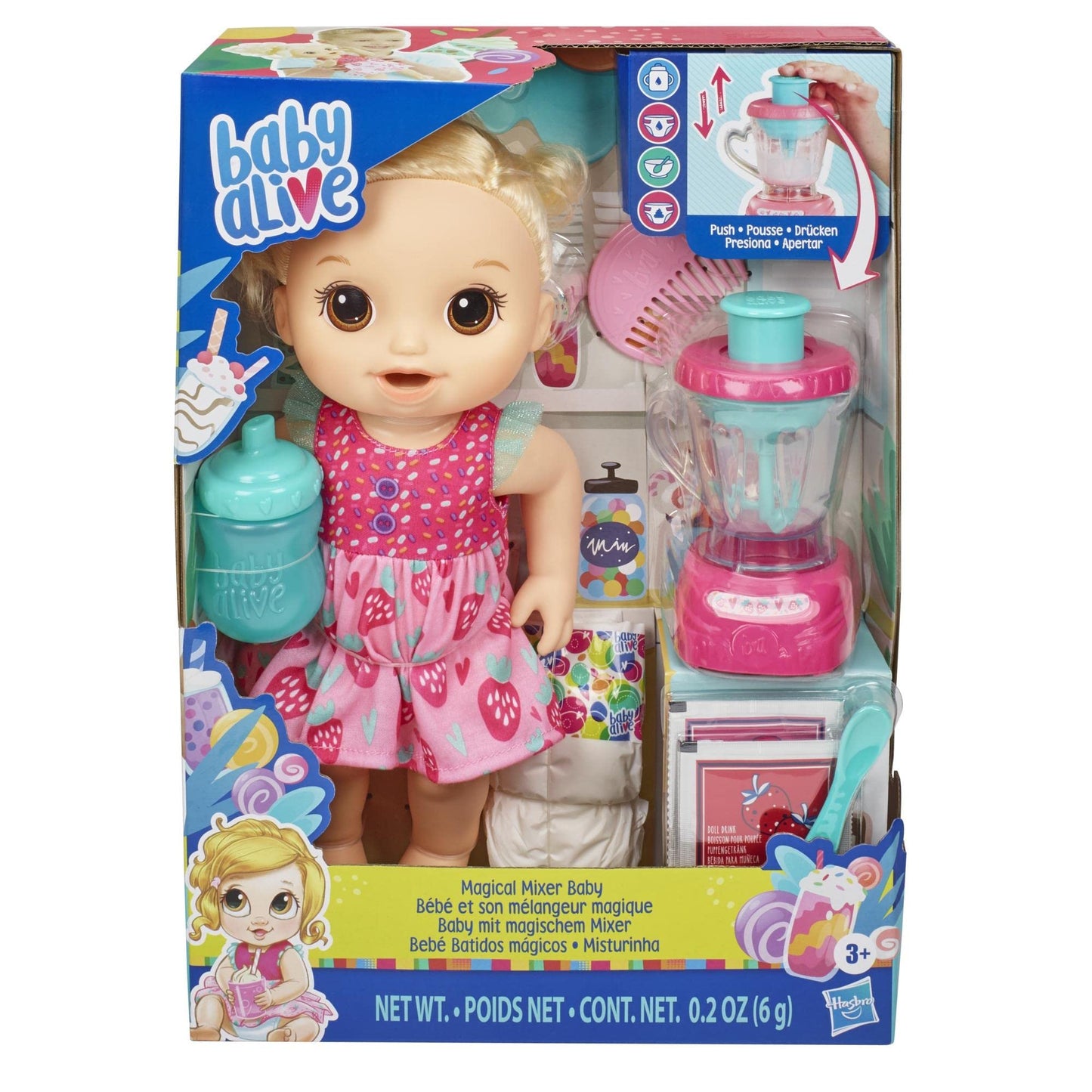 Baby Alive Magical Mixer Doll - Strawberry Shake, 13" Blonde Hair, Pink, E6943, Includes Blender Accessories, Drinks, Wets, Eats