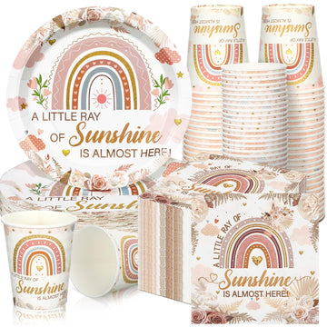 Hushee 200 Pcs Rainbow Baby Shower Paper Plates Napkins Cups Baby Shower Party Supplies Tableware Set Boho Disposable Cup Napkin