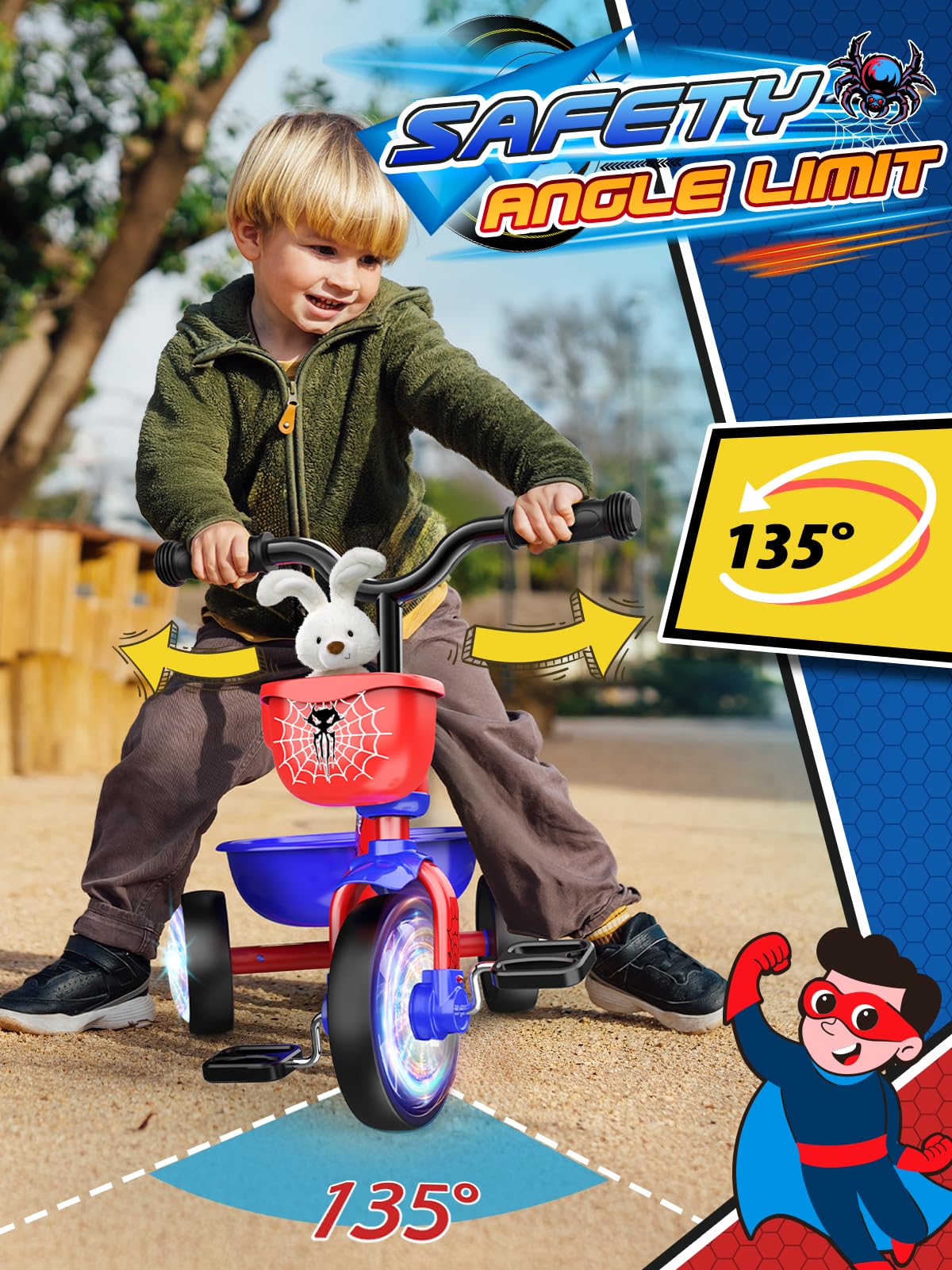 Tricycle For Toddlers 1-3 3-5 Year Olds, Spider Toddler Bike Baby Balance Bike With Colorful Lighting Wheels & Large Basket, Bir