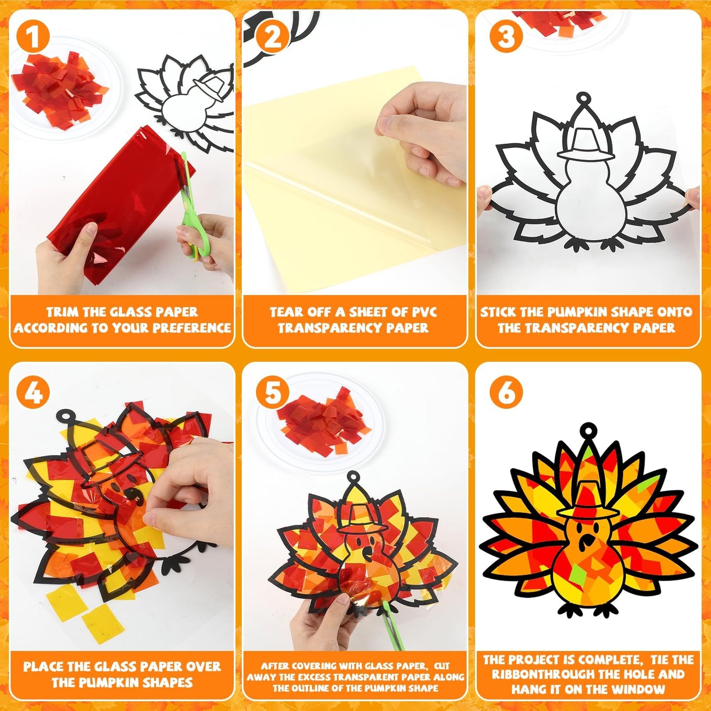 30 Sets Fall Thanksgiving Suncatchers Craft Kit DIY Turkey Window Stained Glass Effect Paper Thankful Autumn Home School Classro