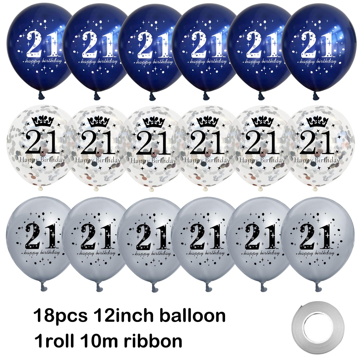 UniBirthLon 18Pcs 21st Birthday Balloons Set, Navy Blue & Silver, Rubber Latex, Confetti Decorations for Men & Women Party Decor