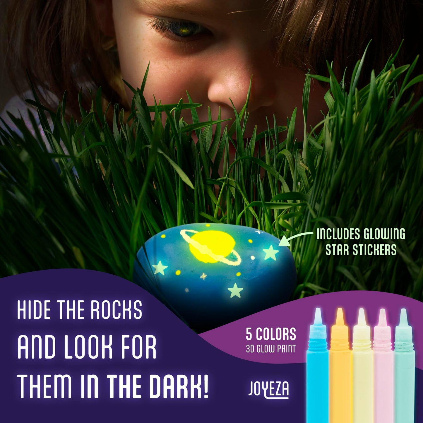 JOYEZA Rock Painting Kit Glow in The Dark, Arts and Crafts for Girls and Boys Age 6+, 12 Painting Rocks for Kids, Waterproof Pai