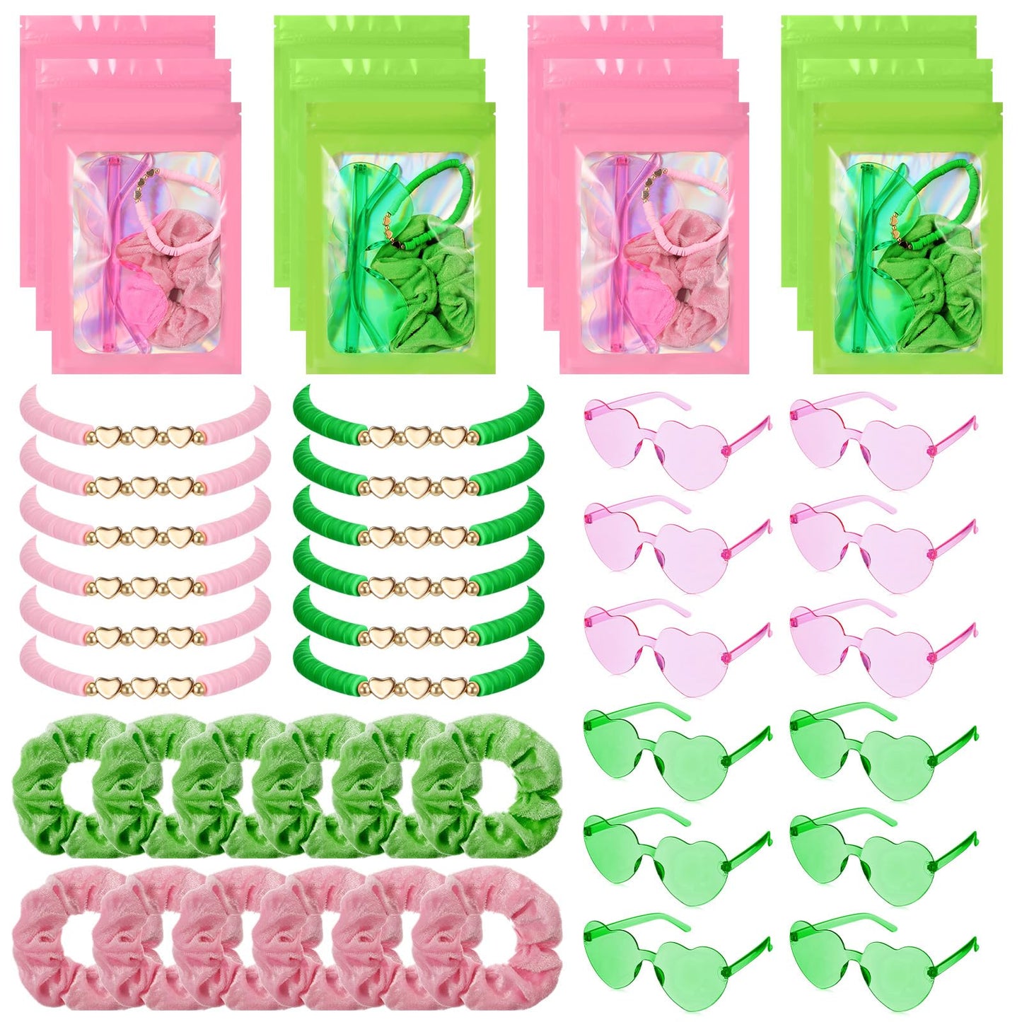 XunYee 48 Pcs Witch Theme Party Favor Supplies Pink and Green Velvet Hair Scrunchies Friendship Bracelets Sunglasses Bags 12 Set