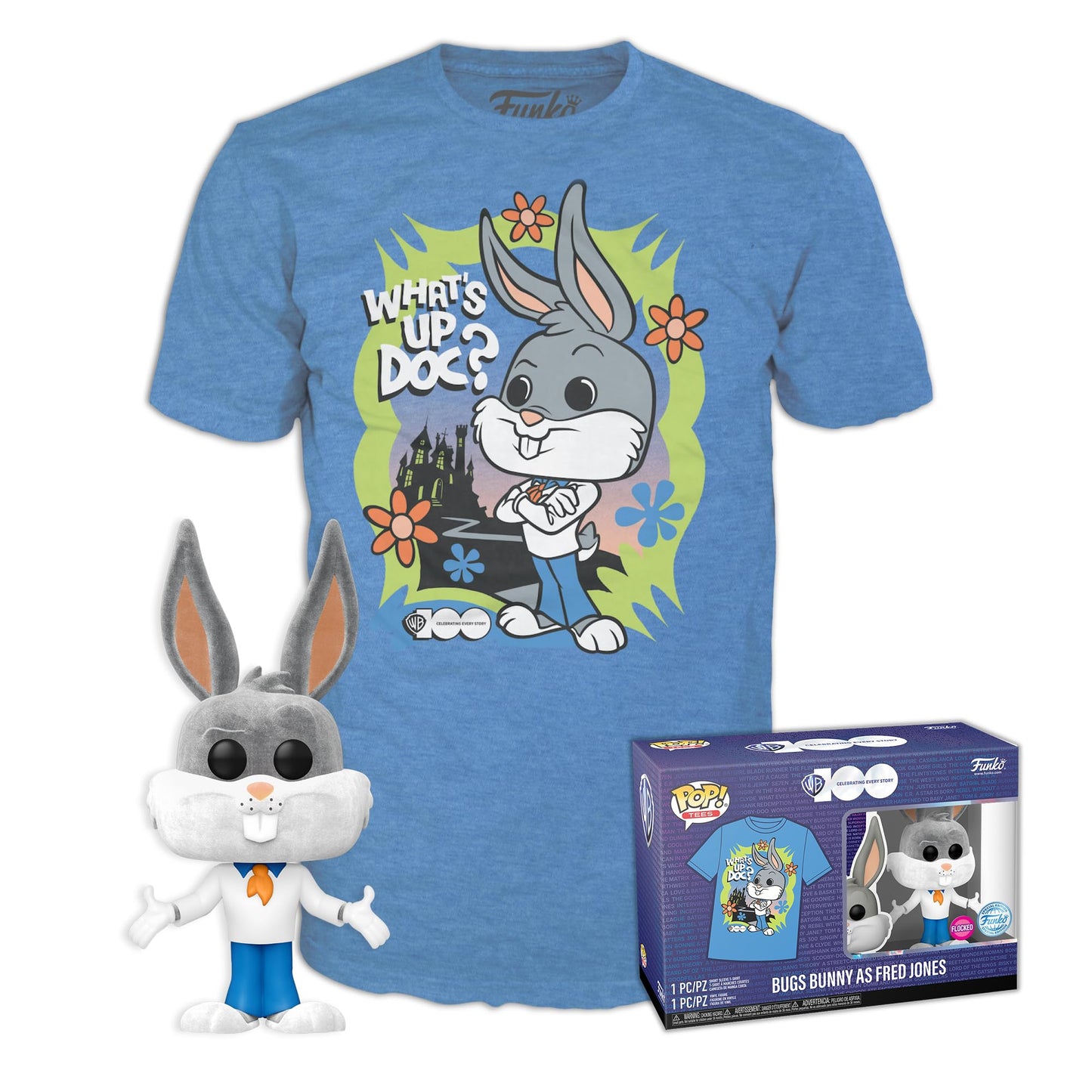 Funko Pop! & Tee: Bugs Bunny™ As Fred Jones™ (Flocked) - Large - (L) - T-Shirt - Clothes With Collectable Vinyl Minifigure - Gift Idea - Toys And Short Sleeve Top For Adults Unisex