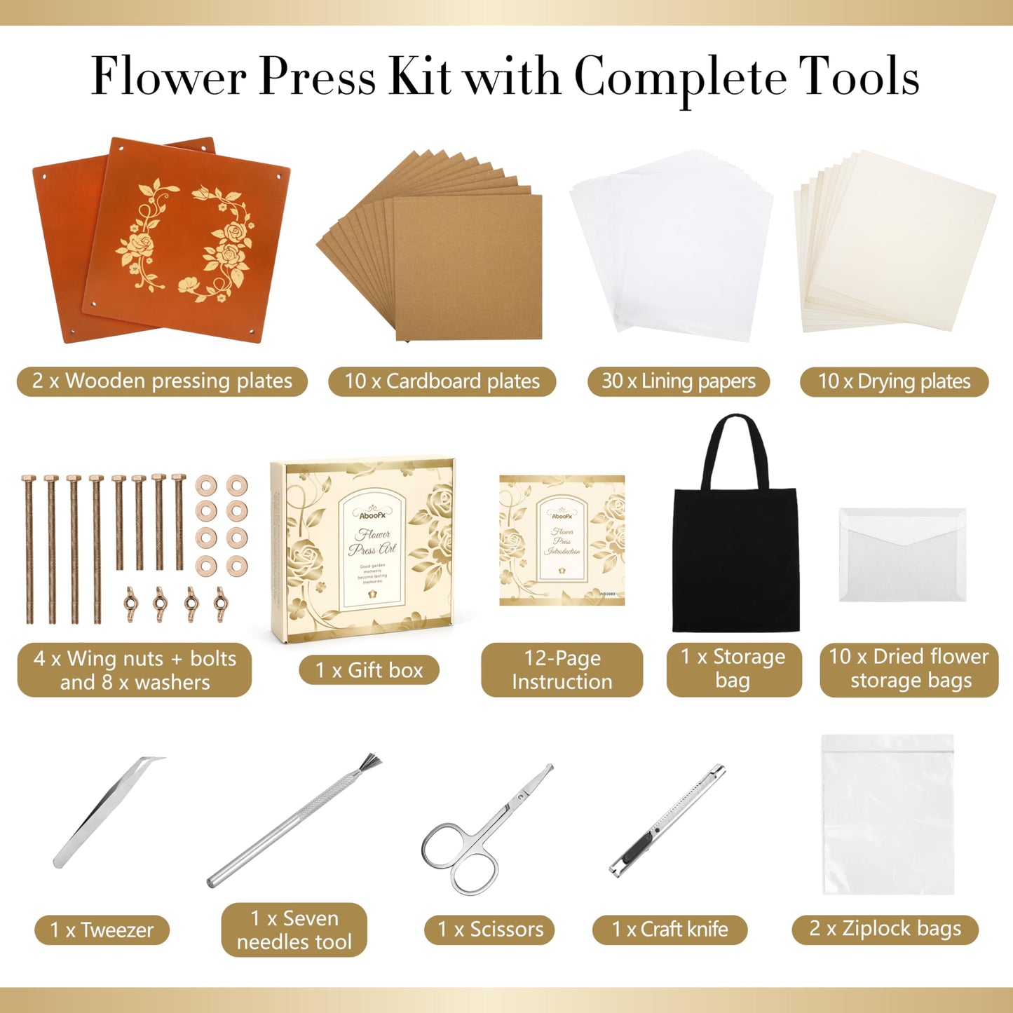 Aboofx Extra Large Wooden Flower Press Kit, 10 Layers, 10" x 10", DIY Craft Kit for Kids and Adults, Brown, Model F-036P