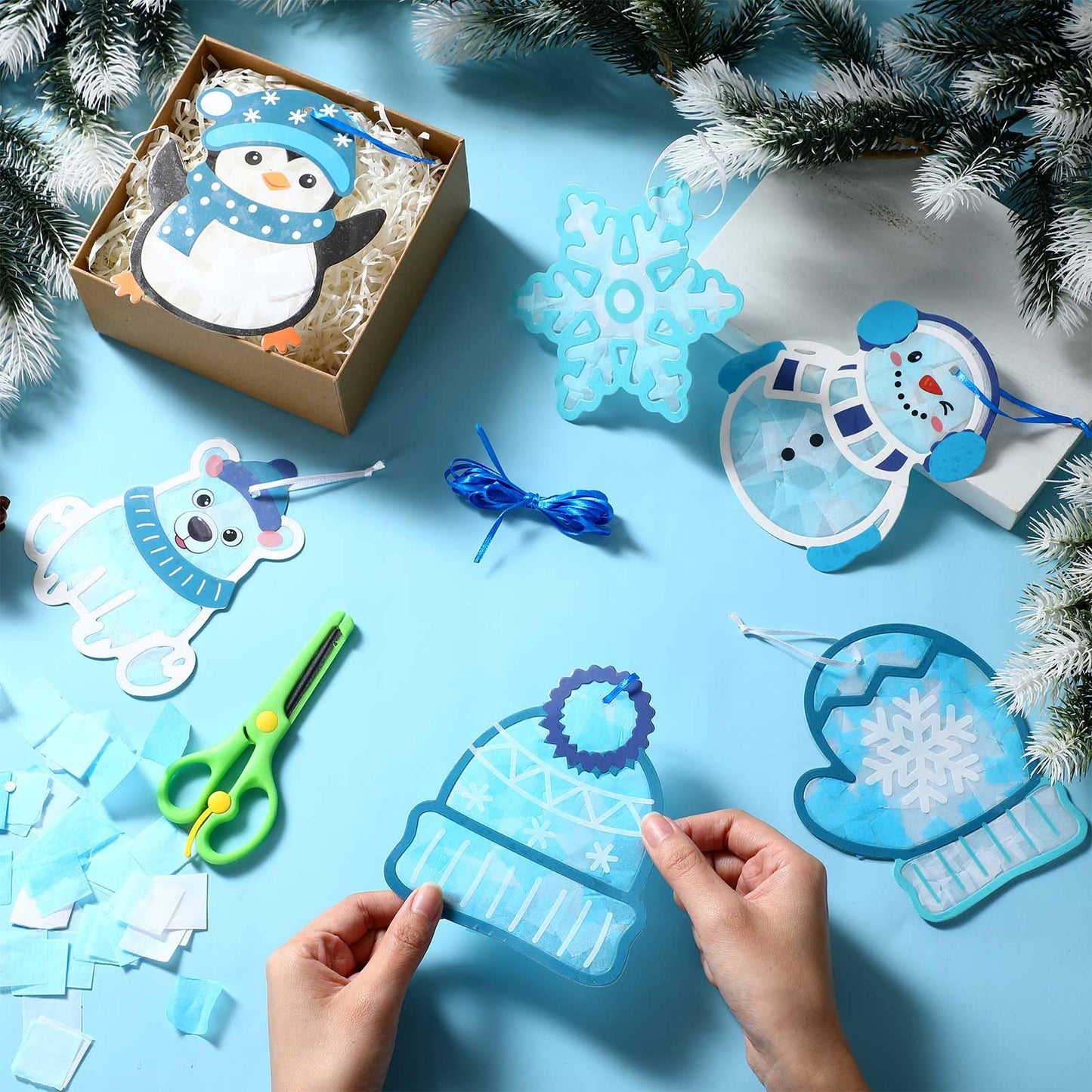 Feifeiya 24 Set Winter Suncatchers Crafts DIY Window Tissue Paper Suncatchers Winter Craft Make Your Own Hanging Ornaments for C