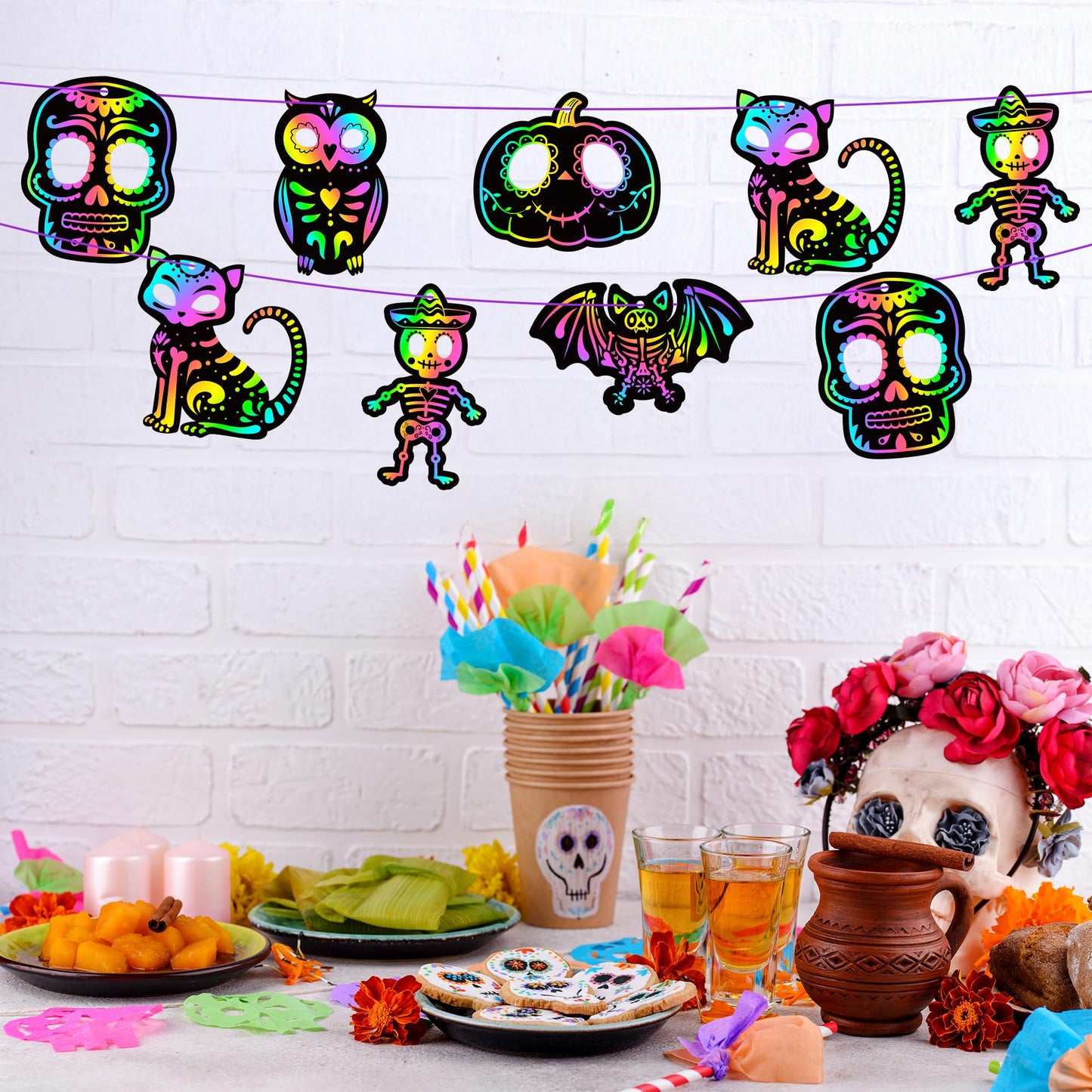 CY2SIDE 60PCS Day of The Dead Skeleton Scratch Card Gift Set for Kid, DIY Mexican Fiesta Scratch Paper Kit for Student School Ac