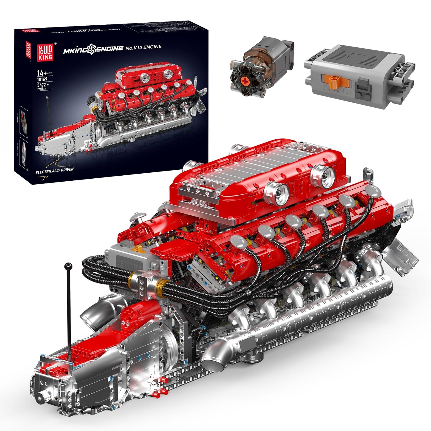 Mould King V12 Engine Model Kit - 3472 PCS STEM Building Blocks, Red, Plastic, WX10169-LZUSYL, Includes Battery & Motor