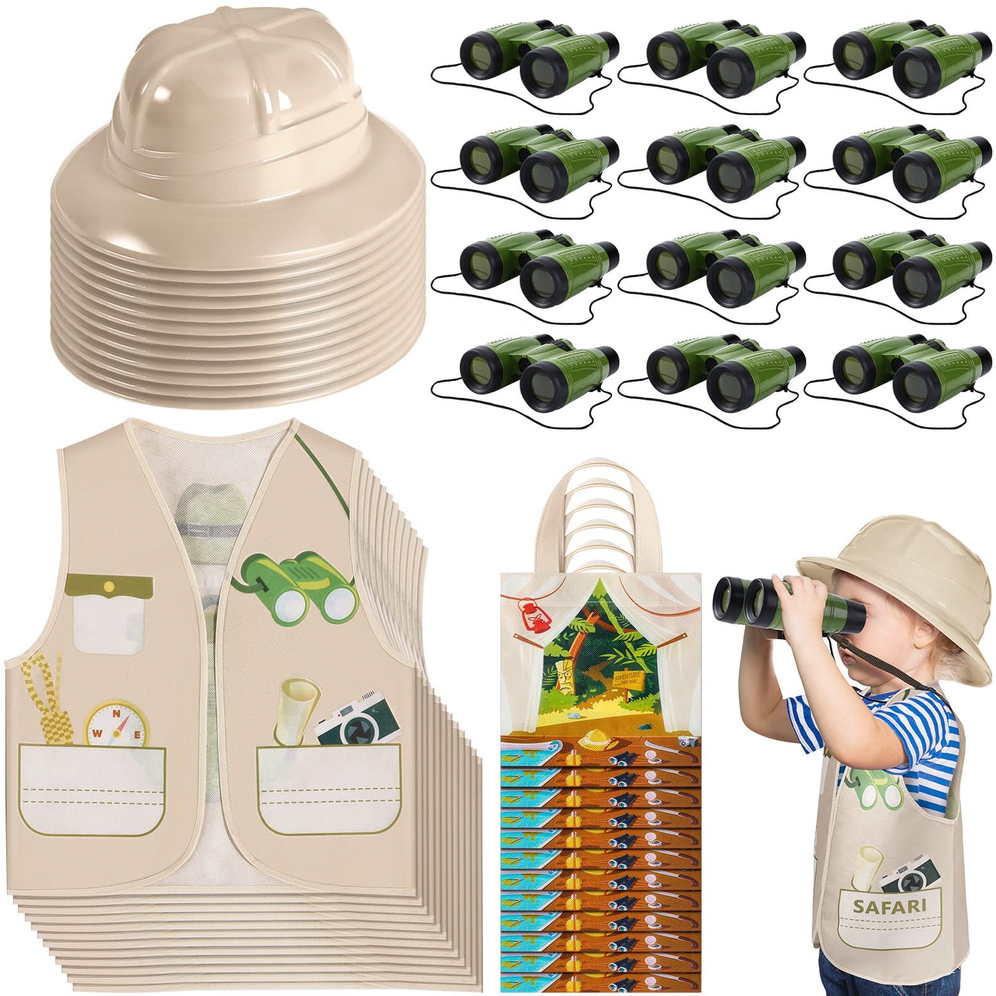 Haysandy 48 Pcs Kids Explorer Costume Set Include Plastic Explorer Safari Hats Jungle Party Vest Safari Tote Bag Adventure Binoculars For Kids Activities Jungle Zoo Birthday Party Supplies Favors