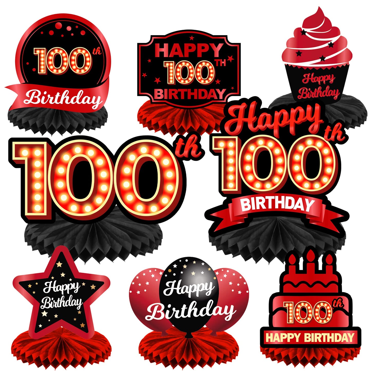 Happy 100Th Birthday Red And Black Table Honeycomb Centerpieces Balloons Theme Decor Table Decorations Table Toppers For Girls Women Princess 100 Years Old Birthday Party Bday Supplies Background Gold