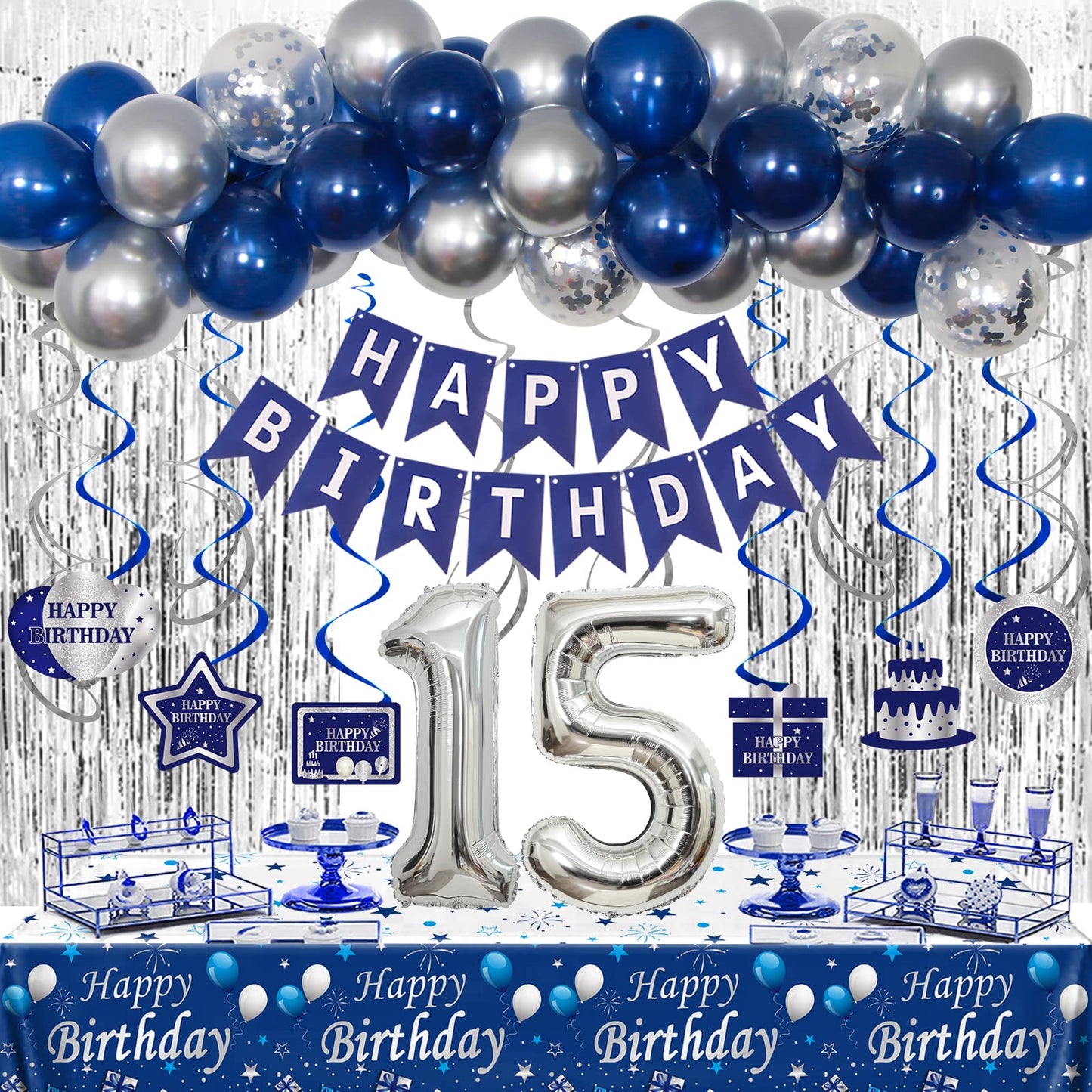 15Th Birthday Decorations For Boys And Girls Blue Silver, Happy 15Th Birthday Decorations Banner Birthday Balloons Number 15 Tab
