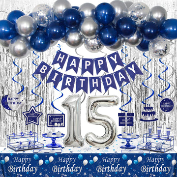 15Th Birthday Decorations For Boys And Girls Blue Silver, Happy 15Th Birthday Decorations Banner Birthday Balloons Number 15 Tab