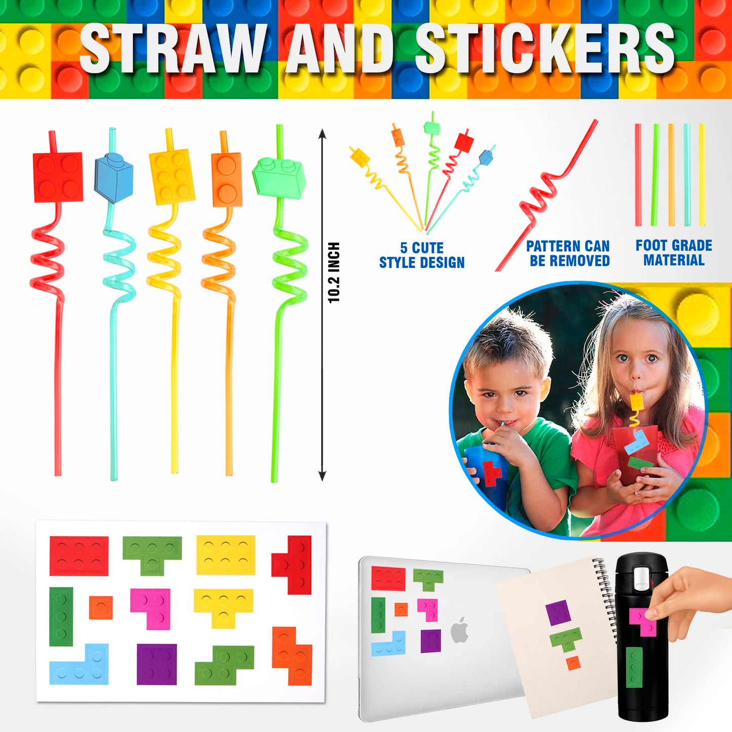 Empire Party Supply 60 Pcs Building Blocks Party Favors For Kids, Set Of 12 Brick Style Keychain Wristband Treat Bag Straws Stickers For Building Blocks Birthday Party Supplies