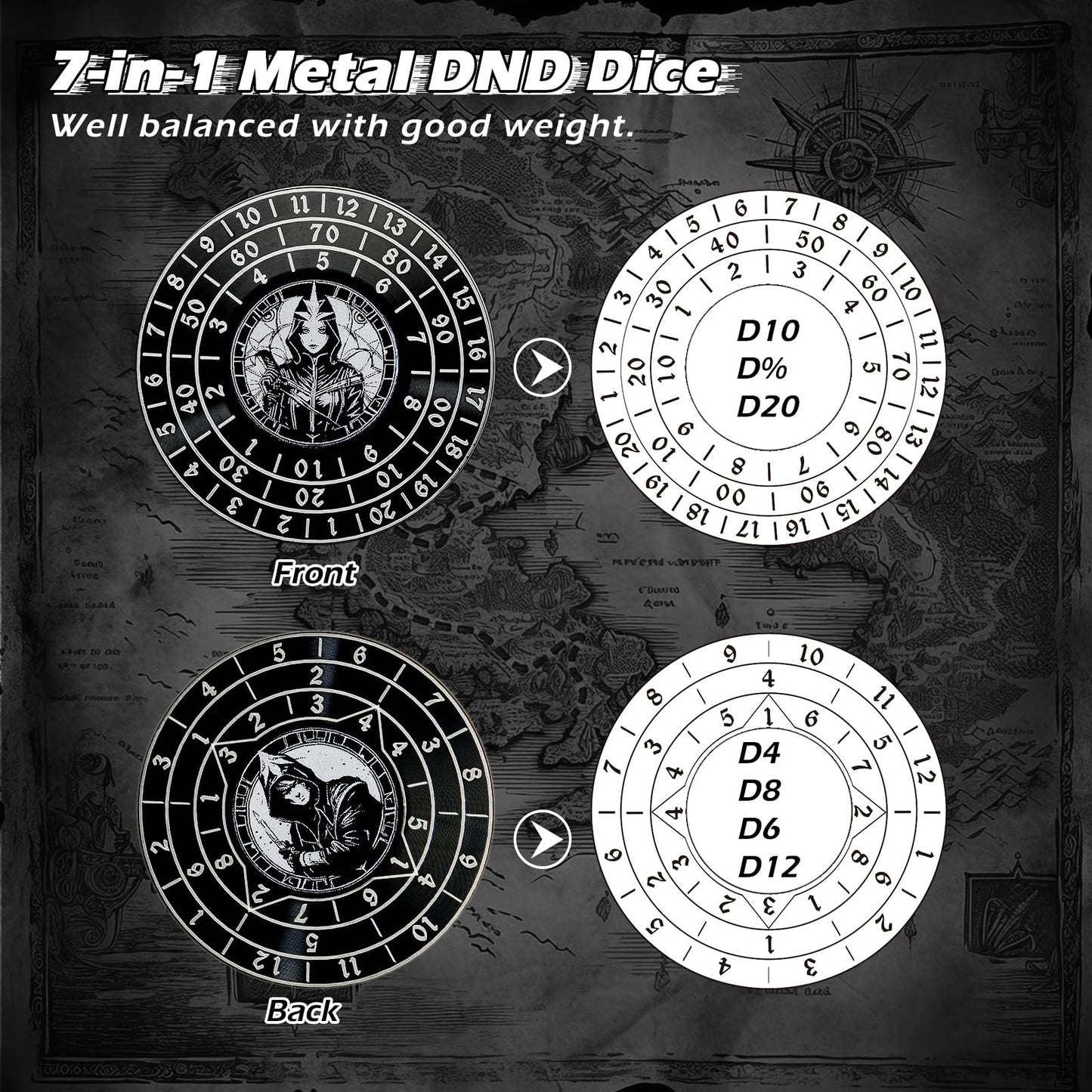 PJOY Spinner Dice 7-in-1 Metal DND Dice Set Built-in D4, D6, D8, D10, D%, D12 and D20 Unique Dice Spinner Rogue Metal D&D Dice f
