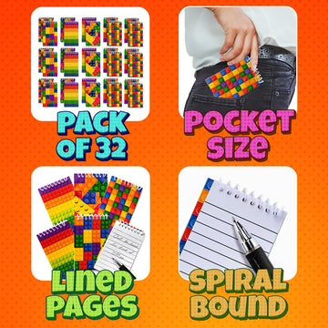 Bedwina Mini Building Block Notebooks, Assorted Brick Styles, Pocket Size, Bulk of 32, Plastic Spiral Notepads for Kids’ Parties and Rewards