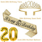 20th Birthday Decorations for Women Gold Set with 20th Birthday Tiara and Sash, 20th Birthday Cake Topper and Number 20 Candles,