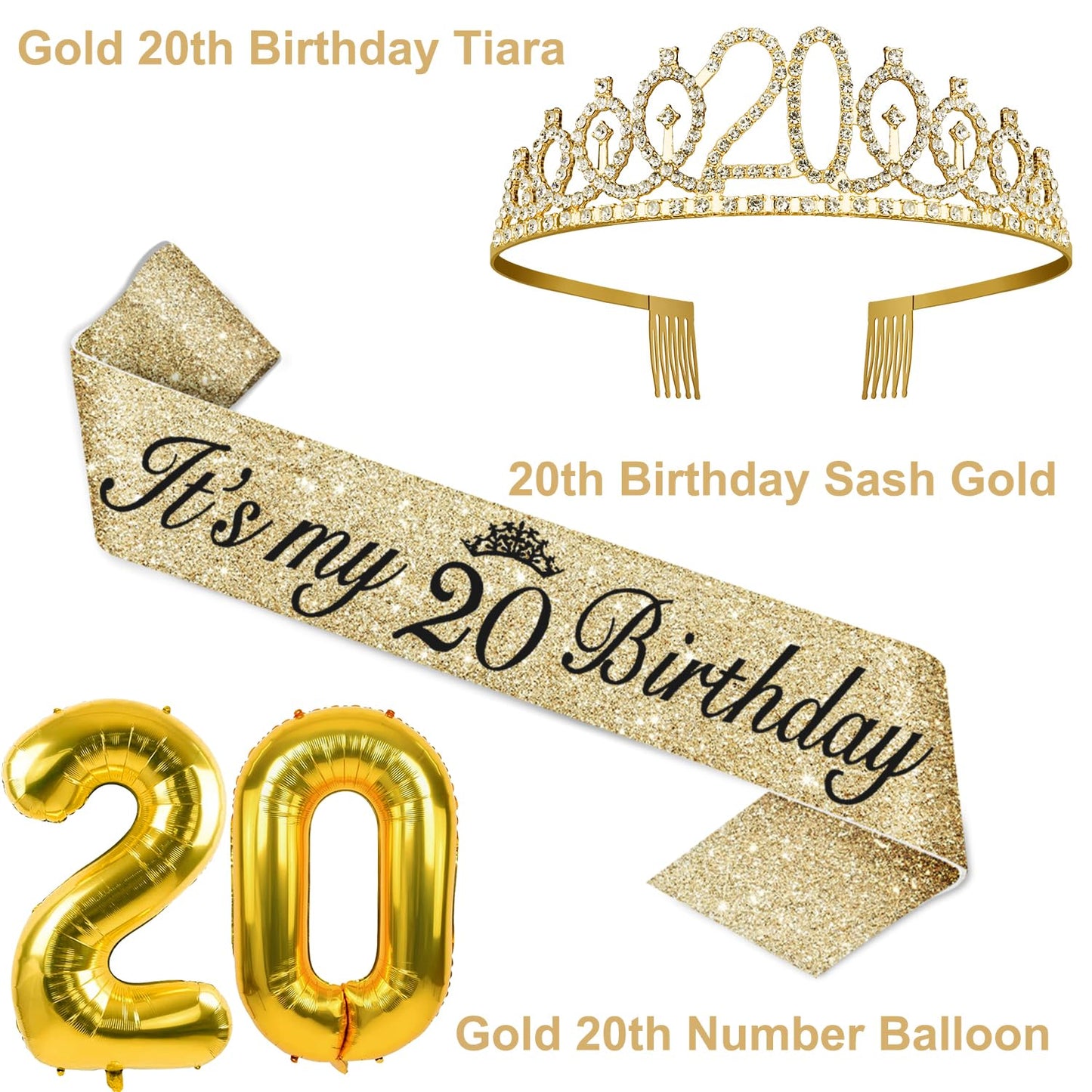 20th Birthday Decorations for Women Gold Set with 20th Birthday Tiara and Sash, 20th Birthday Cake Topper and Number 20 Candles,