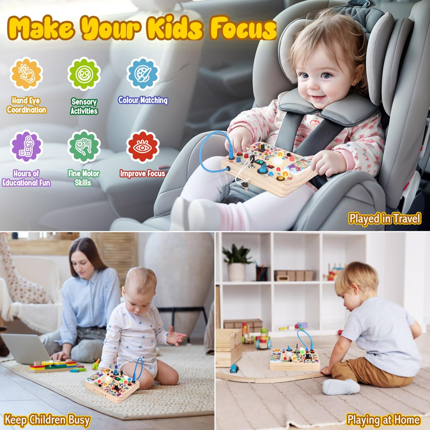 Iabedi Dinosaur Busy Board,Montessori Toys For 1-3 Years Old, Wooden Toddler Toys, Sensory Travel Toys, Ideal Gift For 1+ Year O
