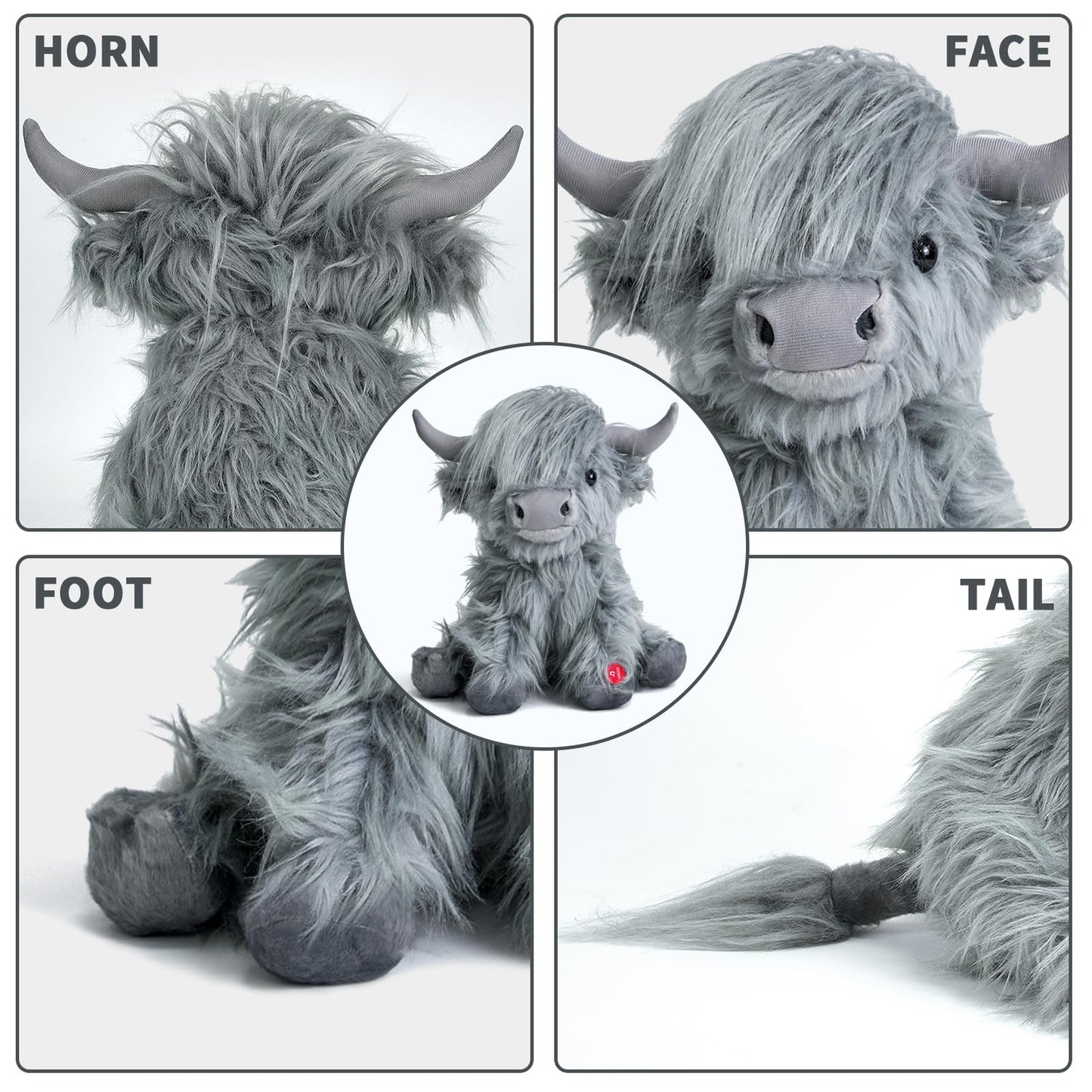 Tonpect Highland Cow Plush Toy - Mooing Sound, 10 inch, Grey Cotton, Model Toys105, Cuddly Farm Gift for Boys and Girls