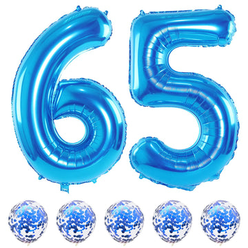 Blue Birthday Balloon Numbers 65, 40 Inch Big Foil Mylar Number 5 And 6 Balloons With Blue Confetti Latex Helium Balloons Set Fo