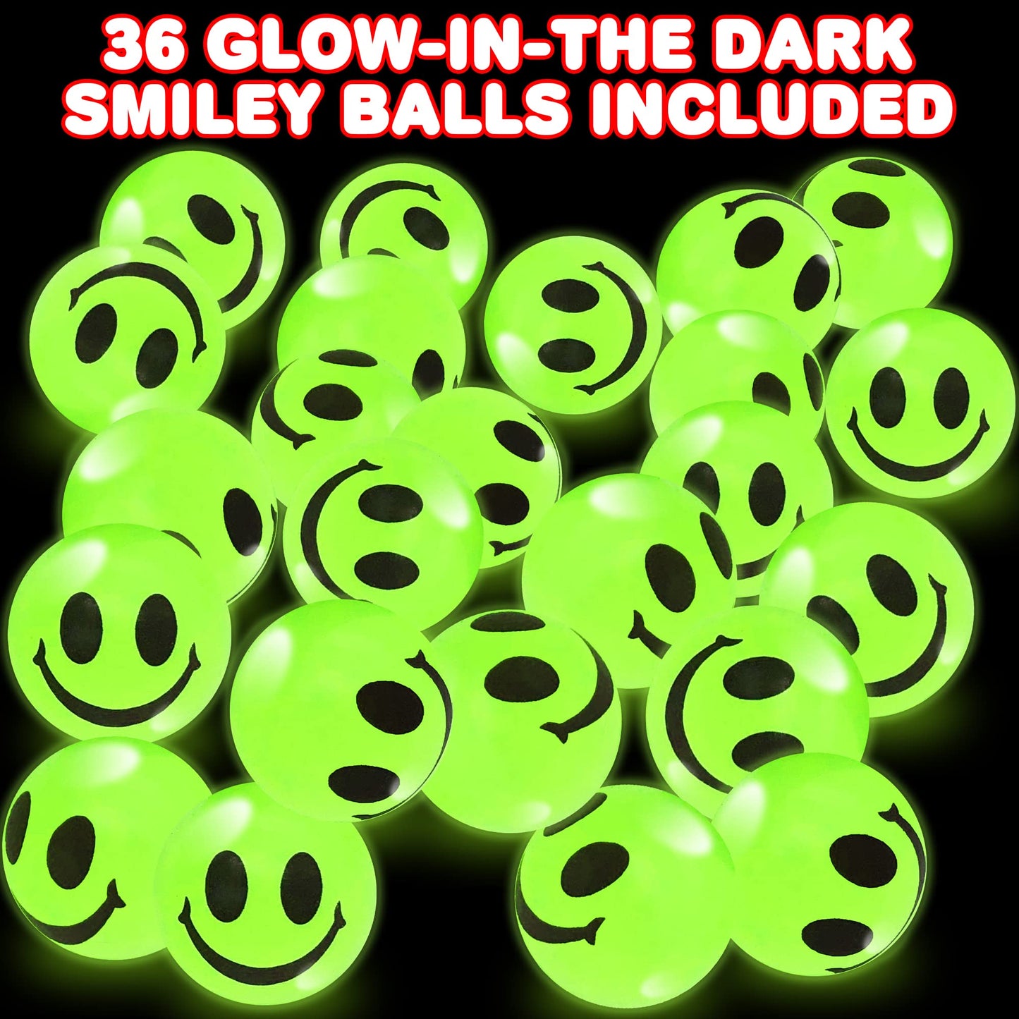 Artcreativity Glow In The Dark Smile Face Bouncy Balls - Bulk Pack Of 36, 1 Inch High Bounce Balls For Kids, Christmas Party Favors, Goodie Bag Stuffers For Boys And Girls